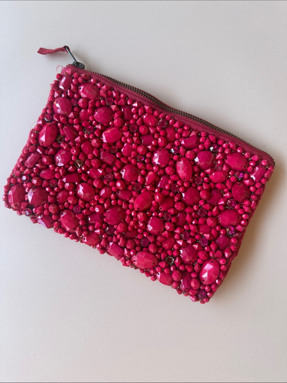 Embellished Hot Pink Beaded Zip Pouch
